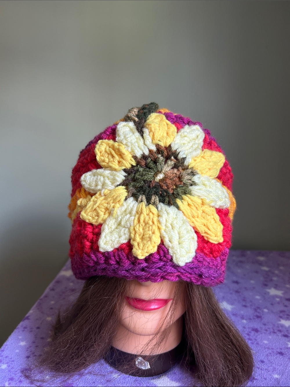 Hand-Crocheted Multicolor Sunflower Beanie - Yellow Accent medium